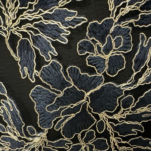 Tadashi Shoji Embroidered Mesh Black Cocktail Dress Blue & Gold Flowers Size 6 - Picture 8 of 13